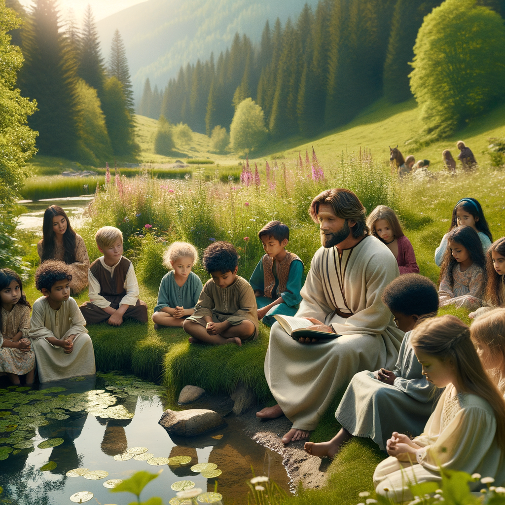 "Jesus sitting by a quiet pond in a lush green meadow, interacting gently with a group of children." "Jesus sitting by a quiet pond in a lush green meadow, interacting gently with a group of children."