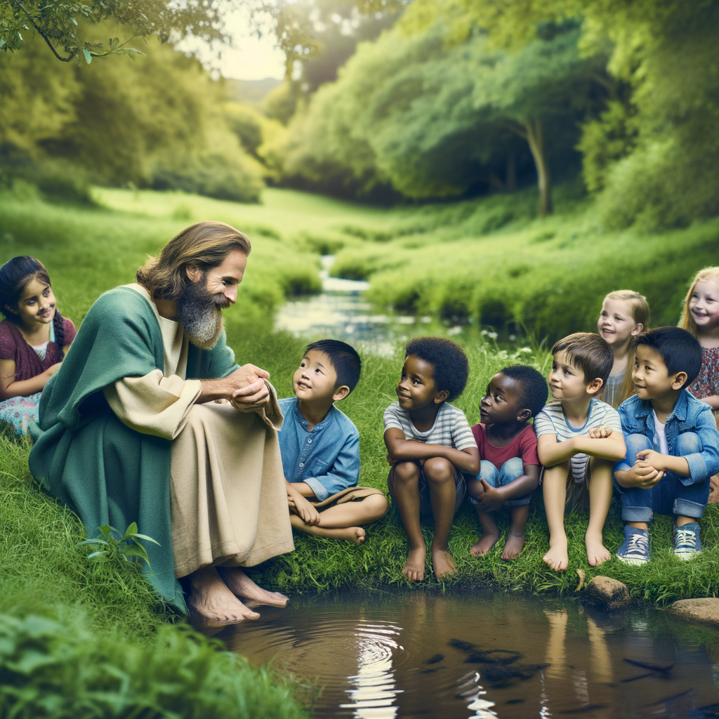 "Jesus sitting by a quiet pond in a lush green meadow, interacting gently with a group of children." "Jesus sitting by a quiet pond in a lush green meadow, interacting gently with a group of children."