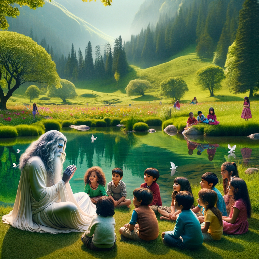 "Jesus sitting by a quiet pond in a lush green meadow, interacting gently with a group of children." "Jesus sitting by a quiet pond in a lush green meadow, interacting gently with a group of children."