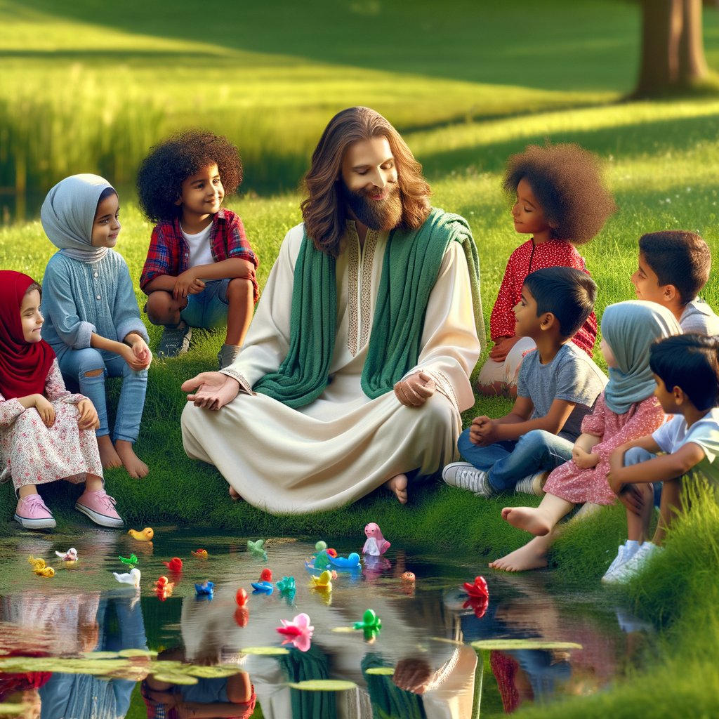 "Jesus sitting by a quiet pond in a lush green meadow, interacting gently with a group of children." "Jesus sitting by a quiet pond in a lush green meadow, interacting gently with a group of children."