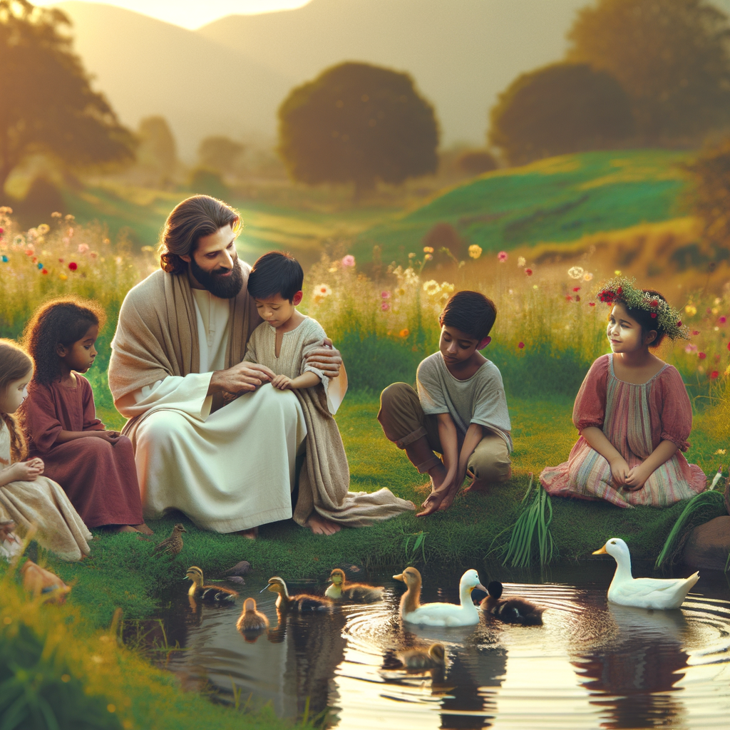 "Jesus sitting by a quiet pond in a lush green meadow, interacting gently with a group of children." "Jesus sitting by a quiet pond in a lush green meadow, interacting gently with a group of children."