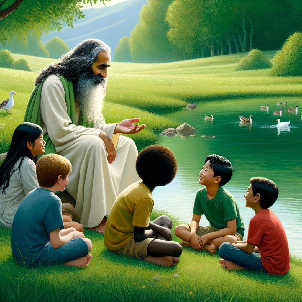"Jesus sitting by a quiet pond in a lush green meadow, interacting gently with a group of children." "Jesus sitting by a quiet pond in a lush green meadow, interacting gently with a group of children."