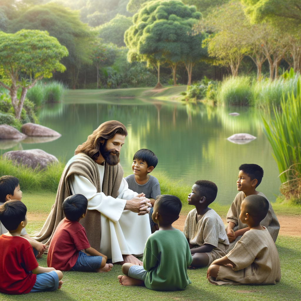 "Jesus sitting by a quiet pond in a lush green meadow, interacting gently with a group of children." "Jesus sitting by a quiet pond in a lush green meadow, interacting gently with a group of children."
