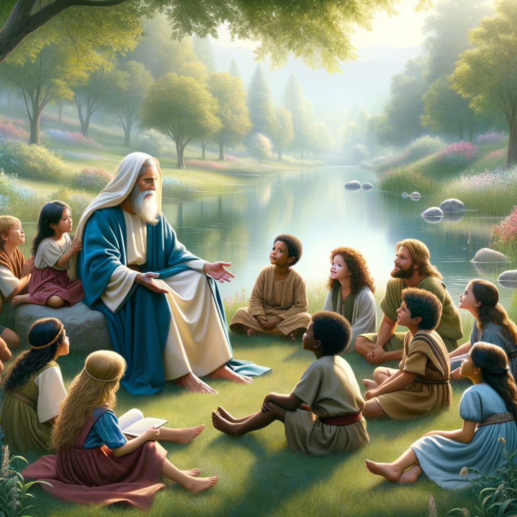 "Jesus sitting by a quiet pond in a lush green meadow, interacting gently with a group of children." "Jesus sitting by a quiet pond in a lush green meadow, interacting gently with a group of children."