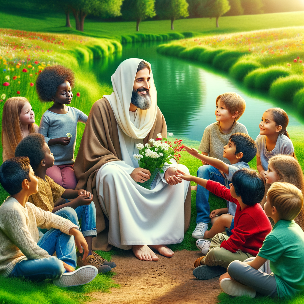 "Jesus sitting by a quiet pond in a lush green meadow, interacting gently with a group of children." "Jesus sitting by a quiet pond in a lush green meadow, interacting gently with a group of children."