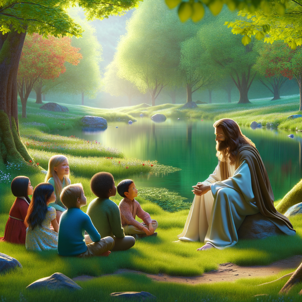 "Jesus sitting by a quiet pond in a lush green meadow, interacting gently with a group of children." "Jesus sitting by a quiet pond in a lush green meadow, interacting gently with a group of children."