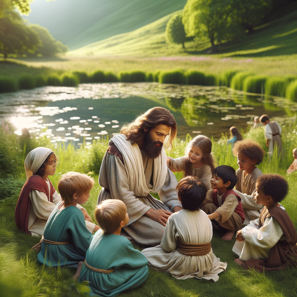 "Jesus sitting by a quiet pond in a lush green meadow, interacting gently with a group of children." "Jesus sitting by a quiet pond in a lush green meadow, interacting gently with a group of children."