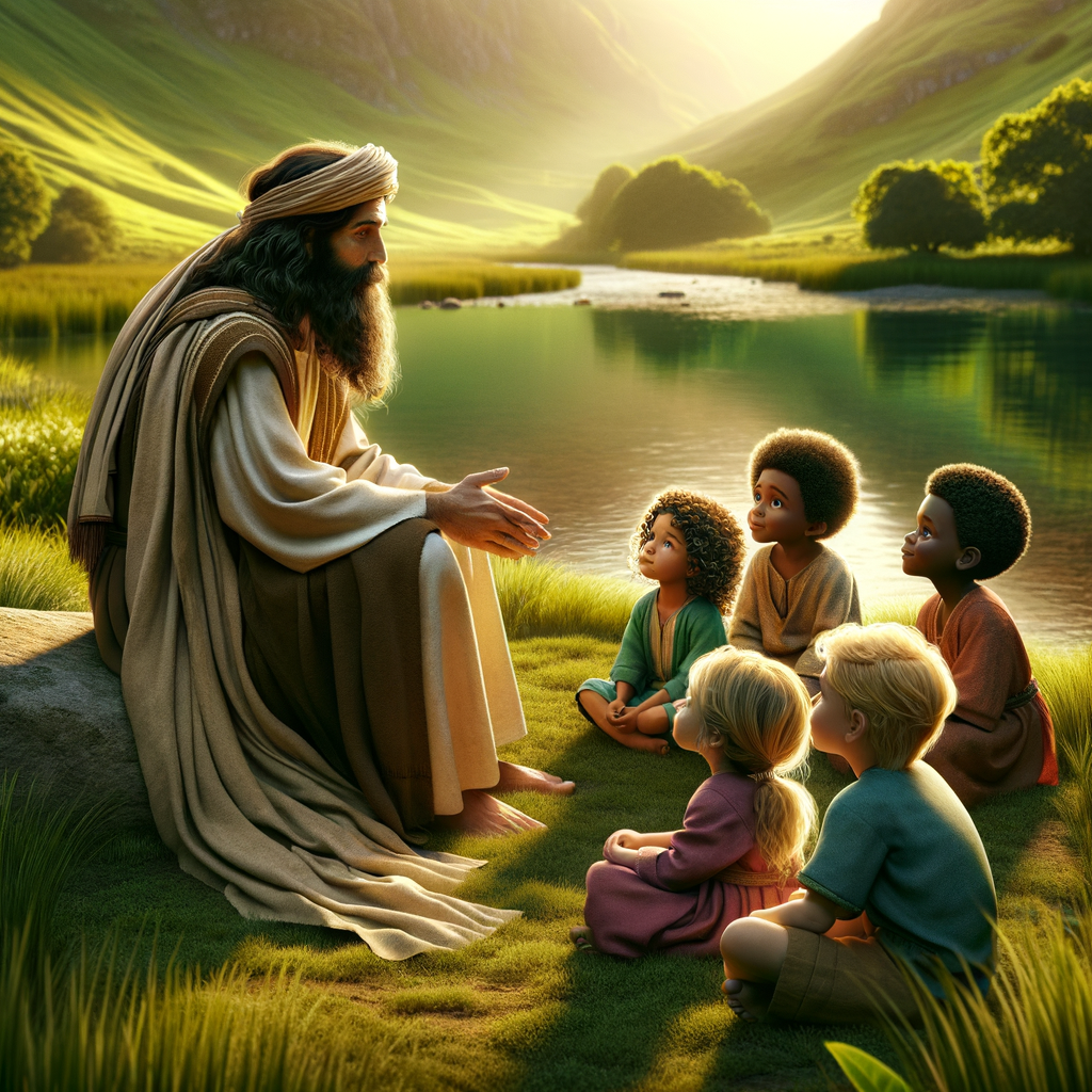 "Jesus sitting by a quiet pond in a lush green meadow, interacting gently with a group of children." "Jesus sitting by a quiet pond in a lush green meadow, interacting gently with a group of children."