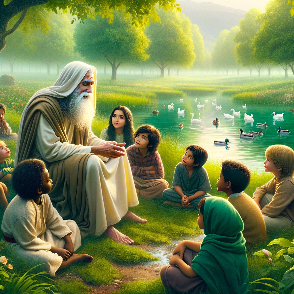 "Jesus sitting by a quiet pond in a lush green meadow, interacting gently with a group of children." "Jesus sitting by a quiet pond in a lush green meadow, interacting gently with a group of children."