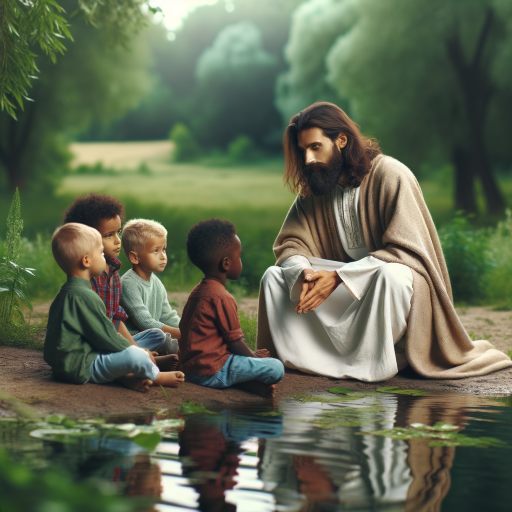 "Jesus sitting by a quiet pond in a lush green meadow, interacting gently with a group of children." "Jesus sitting by a quiet pond in a lush green meadow, interacting gently with a group of children."
