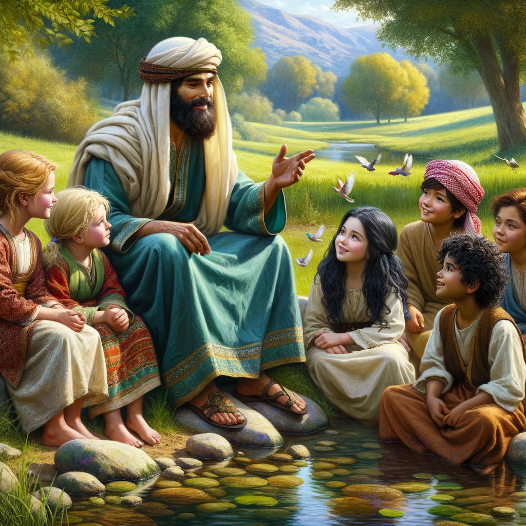 "Jesus sitting by a quiet pond in a lush green meadow, interacting gently with a group of children." "Jesus sitting by a quiet pond in a lush green meadow, interacting gently with a group of children."