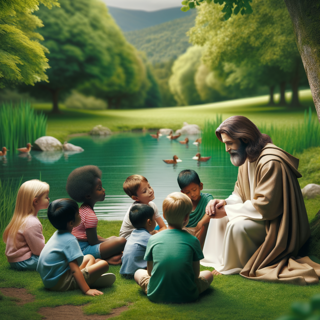 "Jesus sitting by a quiet pond in a lush green meadow, interacting gently with a group of children." "Jesus sitting by a quiet pond in a lush green meadow, interacting gently with a group of children."